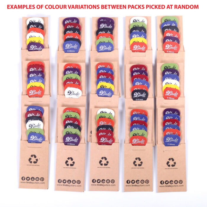 6 x Lindo Eco Plectrums | Recycled ABS Picks | 0.58mm, 0.71mm, 0.81mm, 0.96mm, 1.2mm, 1.5mm | Random Colours
