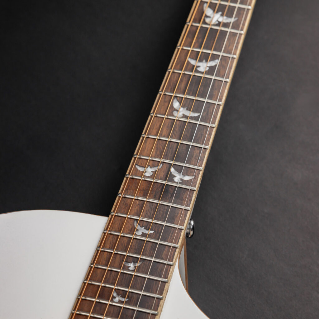 Dove inlays along the dark laurel fretboard