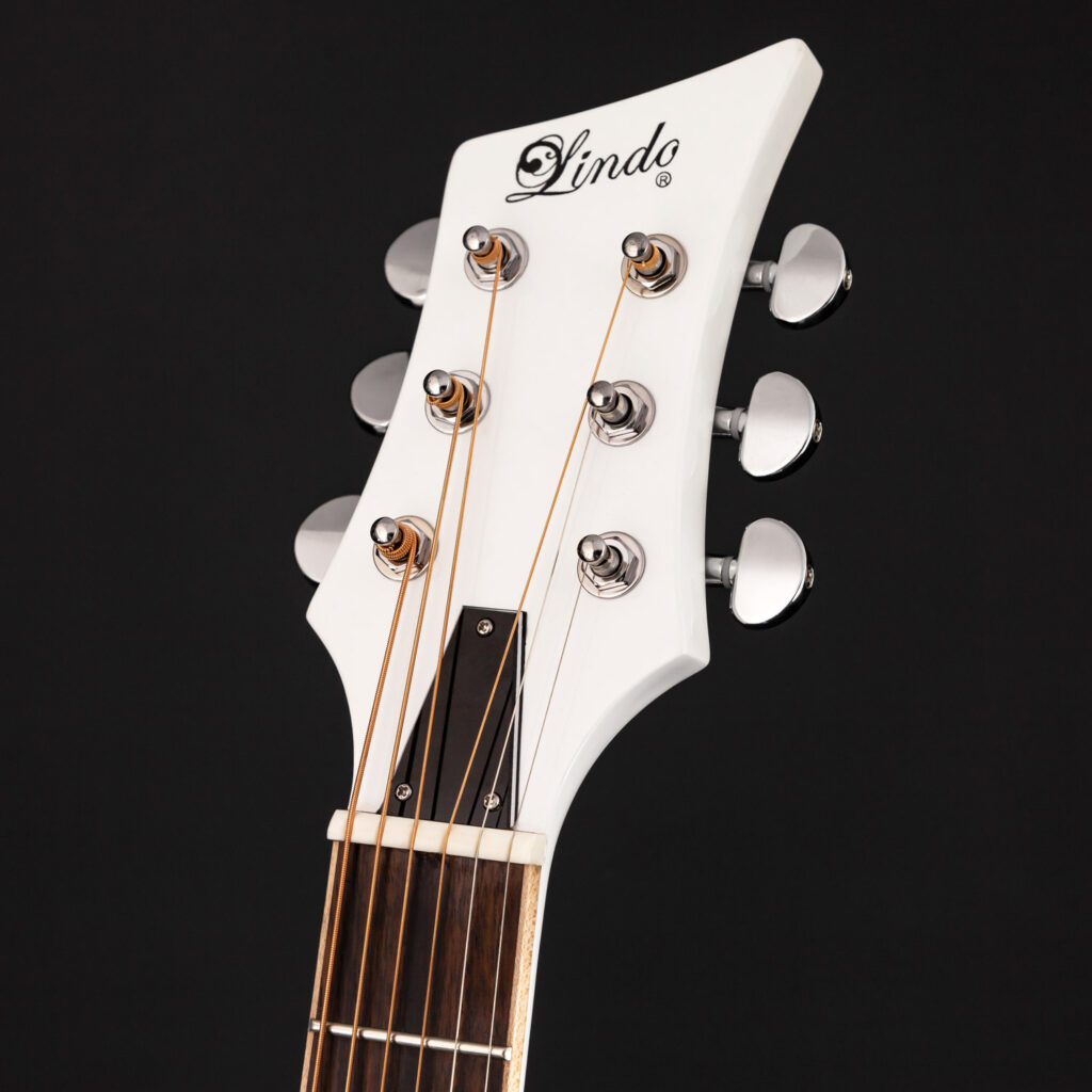 White Dove V3 headstock with Lindo logo and chrome hardware