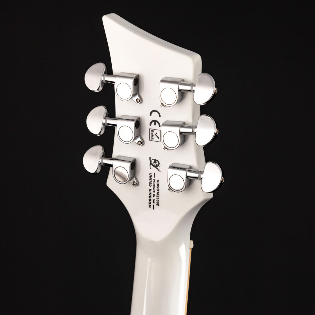 Chrome tuning machines on the rear of the White Dove headstock