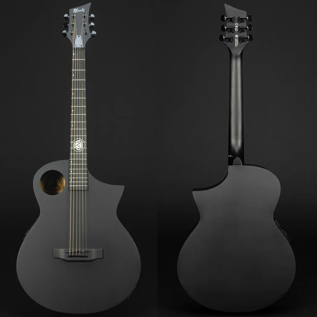 Lindo Neptune V3 matte-black guitar, front and back views