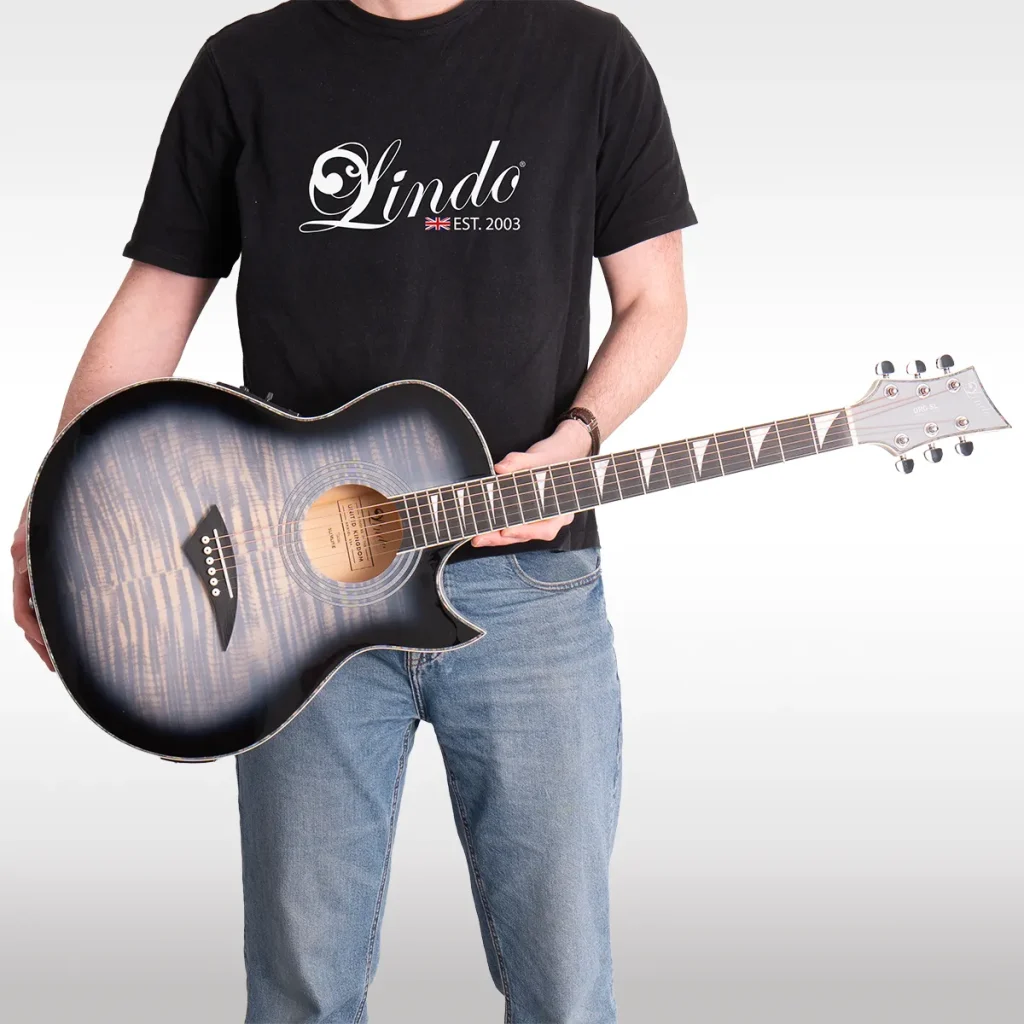 Lindo ORG-SL SlimLine Space Grey guitar being held