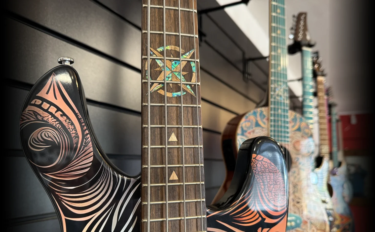 Decorative Lindo Sahara guitars in the showroom
