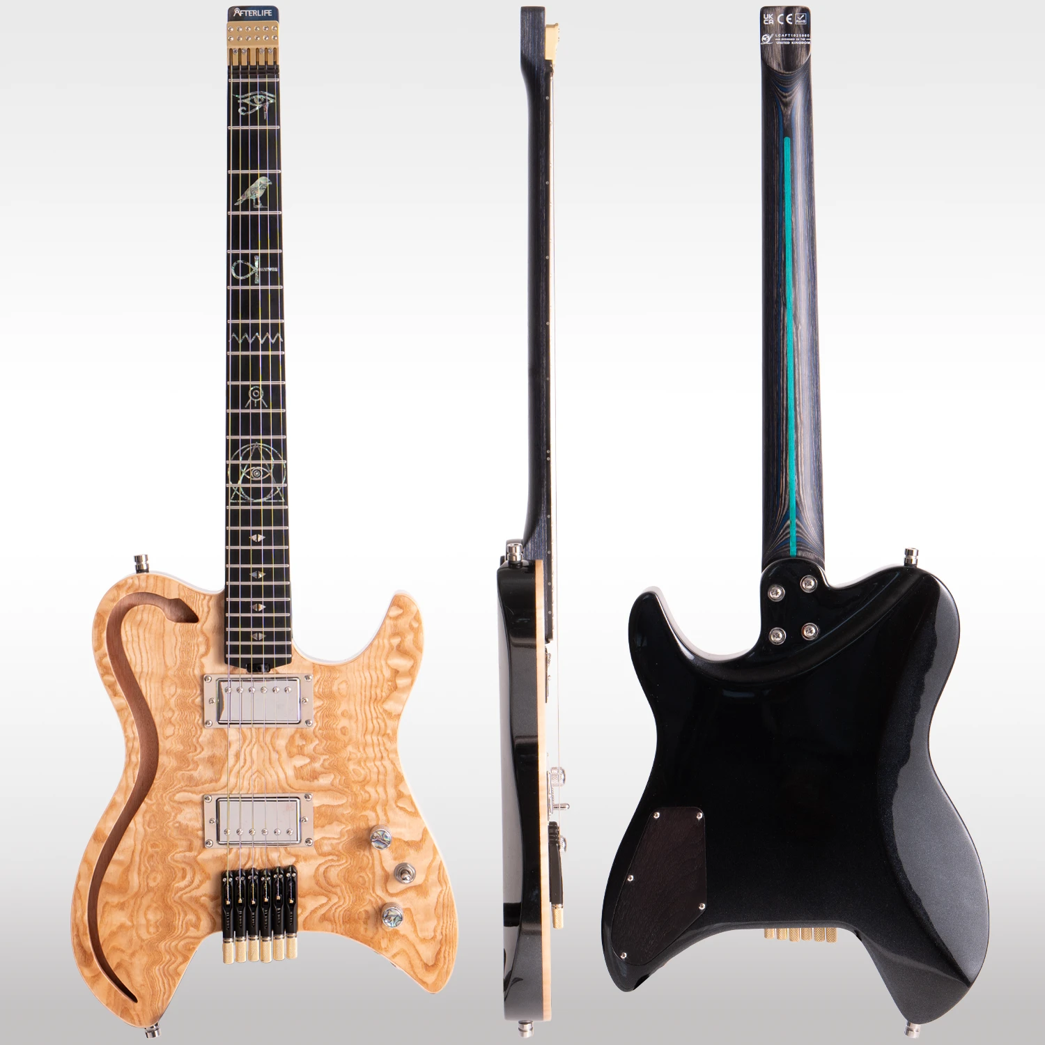 W31 Lindo AfterLife Electric Guitar Eye of Horus Headless Chambered