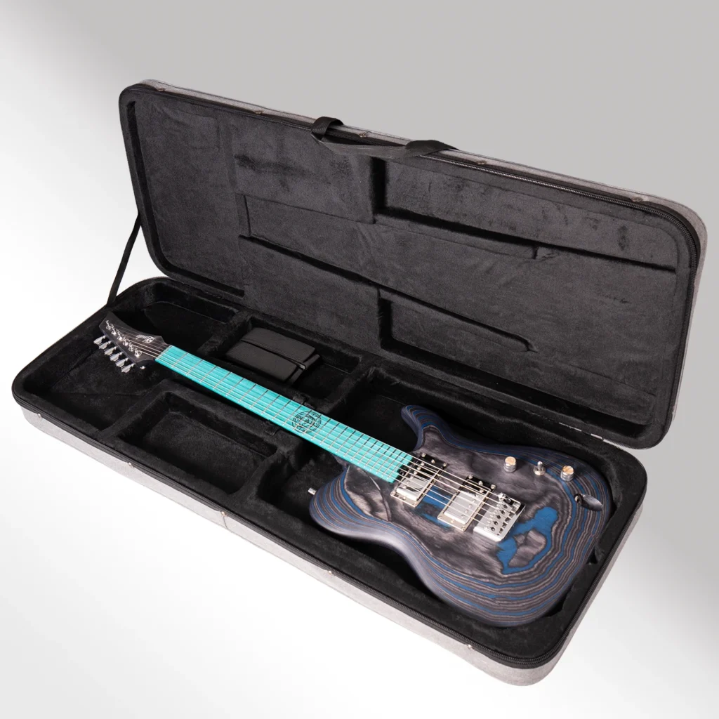 Lindo Saturn Pebble electric guitar inside its premium hard case
