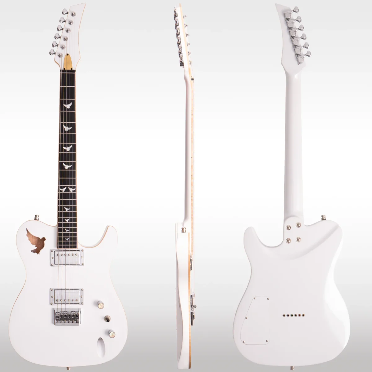 Lindo White Dove Electric Guitar Prototype 1 shown from the front, side and back