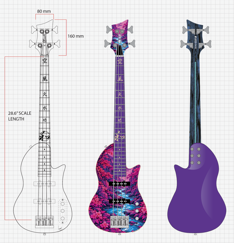 Kawa V2 design board showing the river artwork across the bass front and headstock, with a purple fretboard and blue-toned back