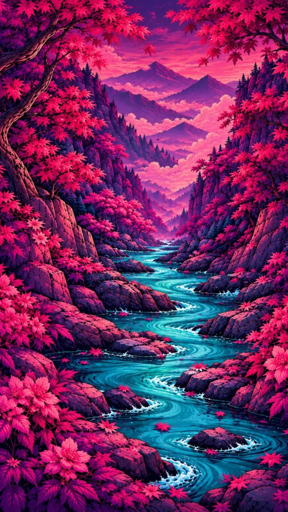 Vertical 9:16 artwork of a Japanese mountain river in pink and purple for the Lindo Kawa V2