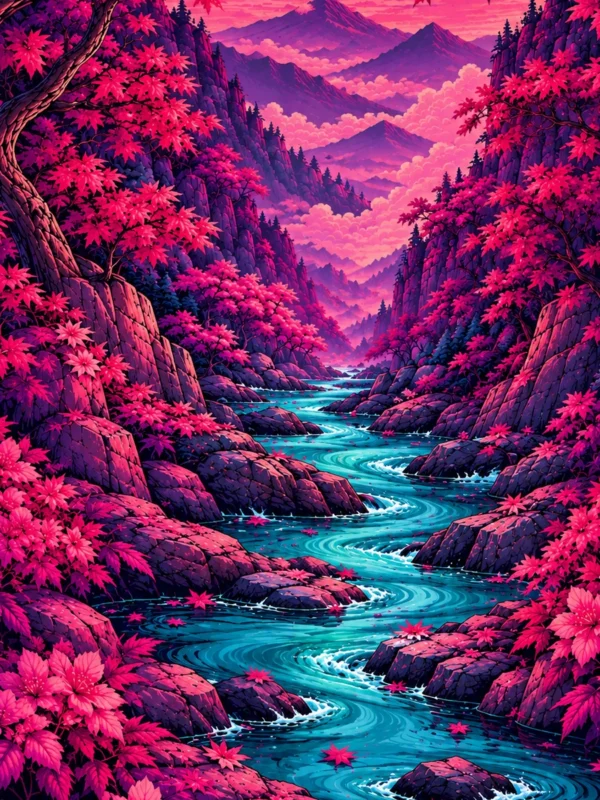 Vertical 9:16 artwork of a Japanese mountain river in pink and purple for the Lindo Kawa V2