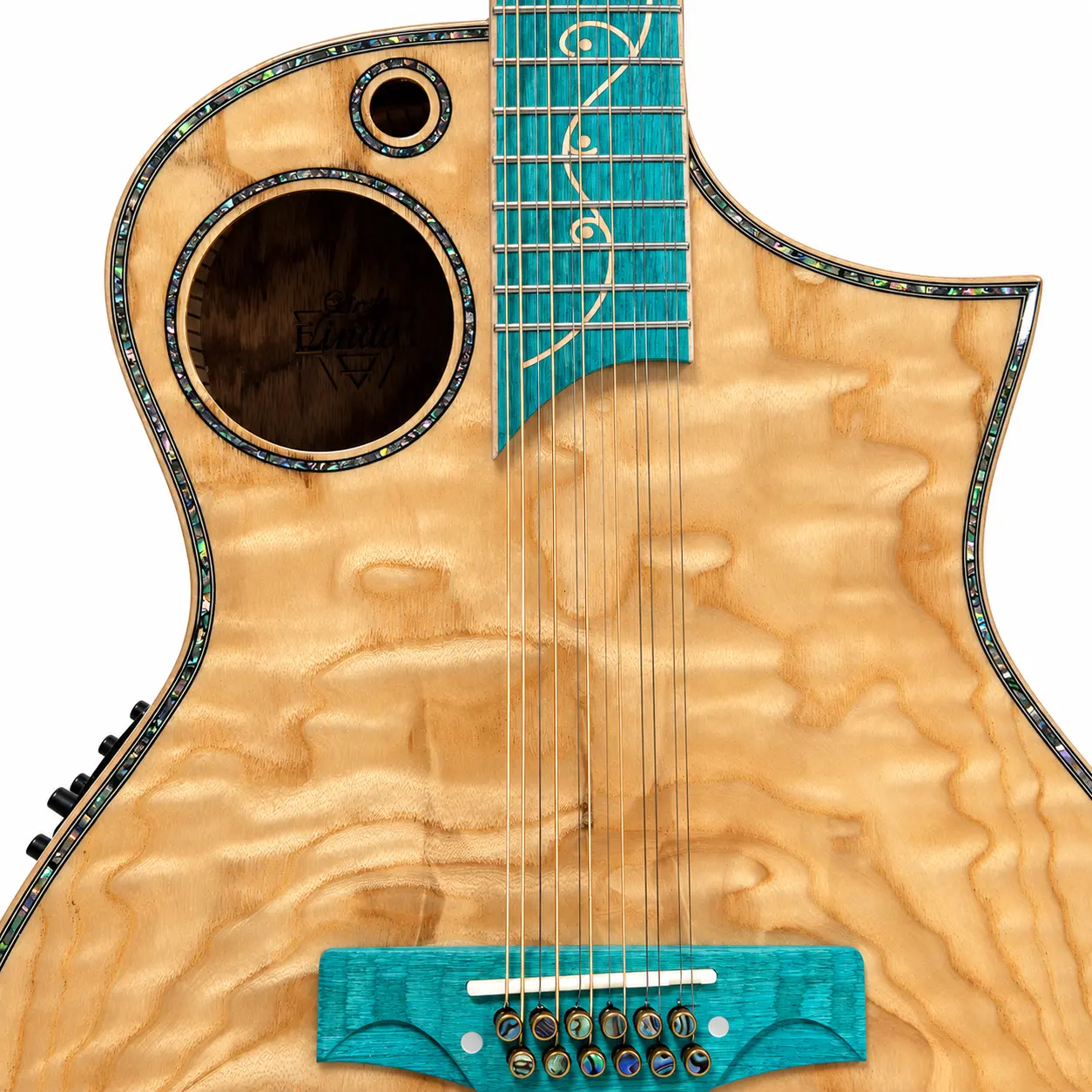 Earth twelve-string handmade sample, showing Tamo ash, teal composite bridge and two soundholes