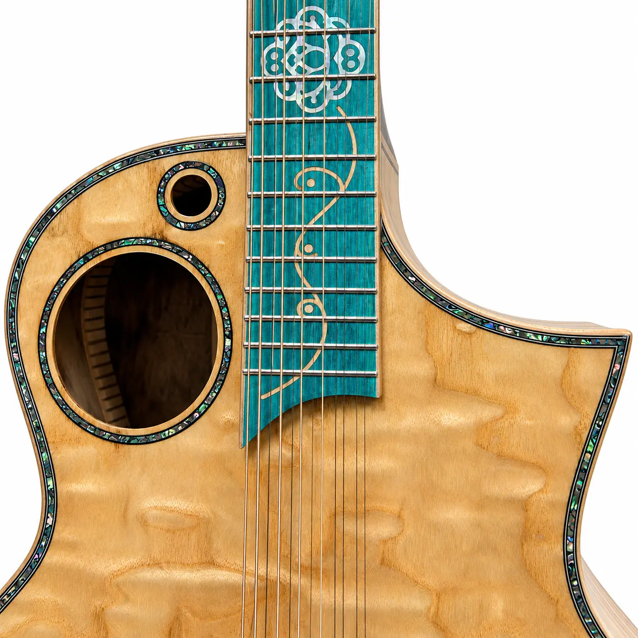Close view of the Earth and Moon soundholes with abalone borders and Flora fretboard inlay