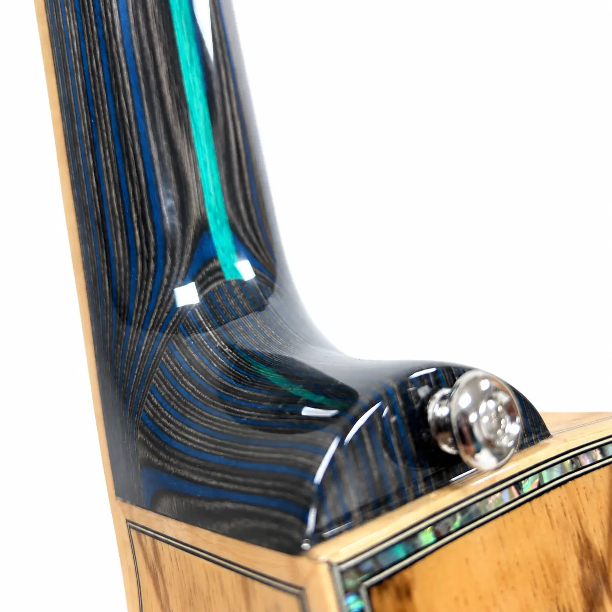 Actual Earth twelve-string sample neck heel with composite layers and River stripe