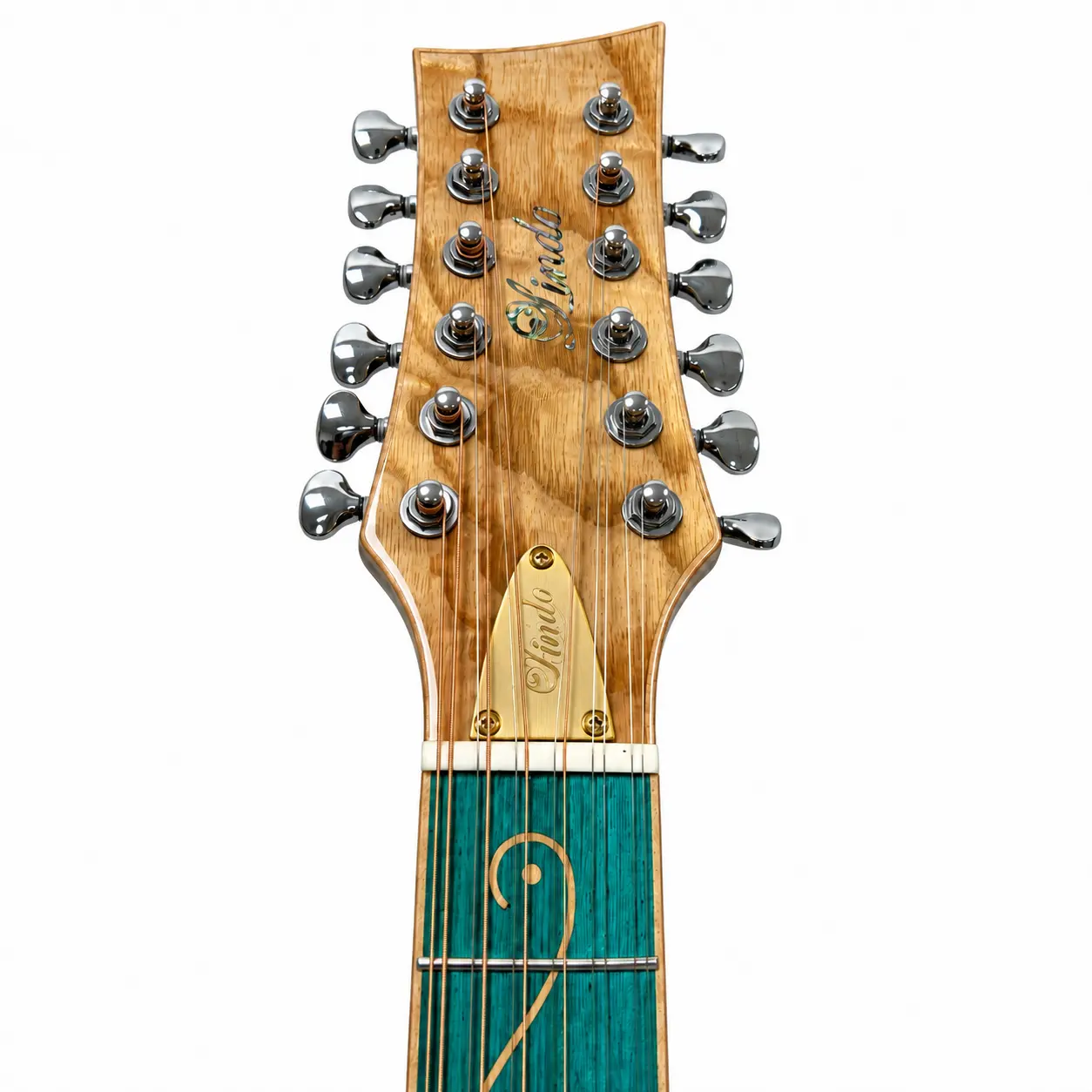 Front of the Earth twelve-string headstock with twelve chrome tuners and Lindo detailing