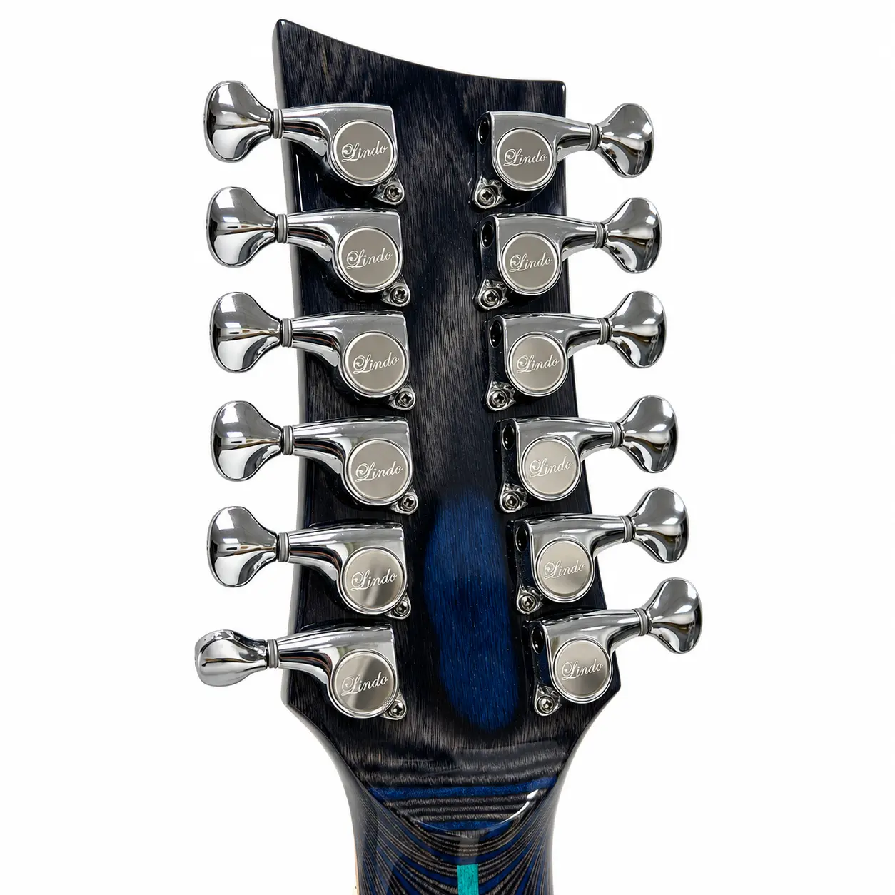 Rear of the Earth twelve-string headstock showing Lindo diecast chrome machine heads