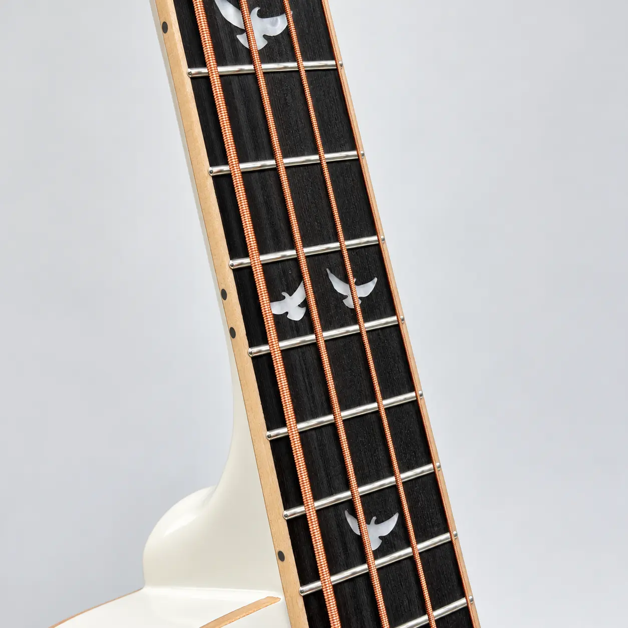 Lindo White Dove short scale electro acoustic bass guitar — fretboard and bird inlays