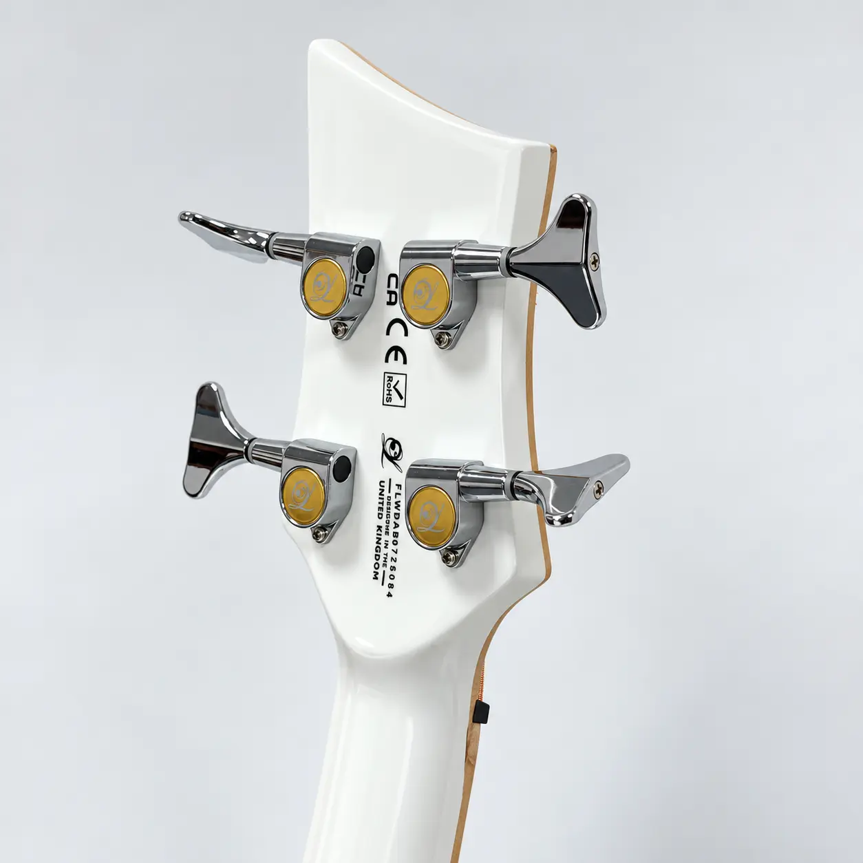 Lindo White Dove short scale electro acoustic bass guitar — rear headstock