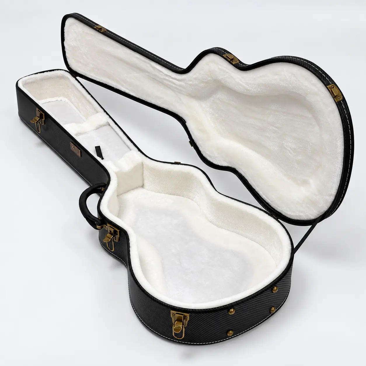 Lindo White Dove short scale electro acoustic bass guitar — open empty case interior