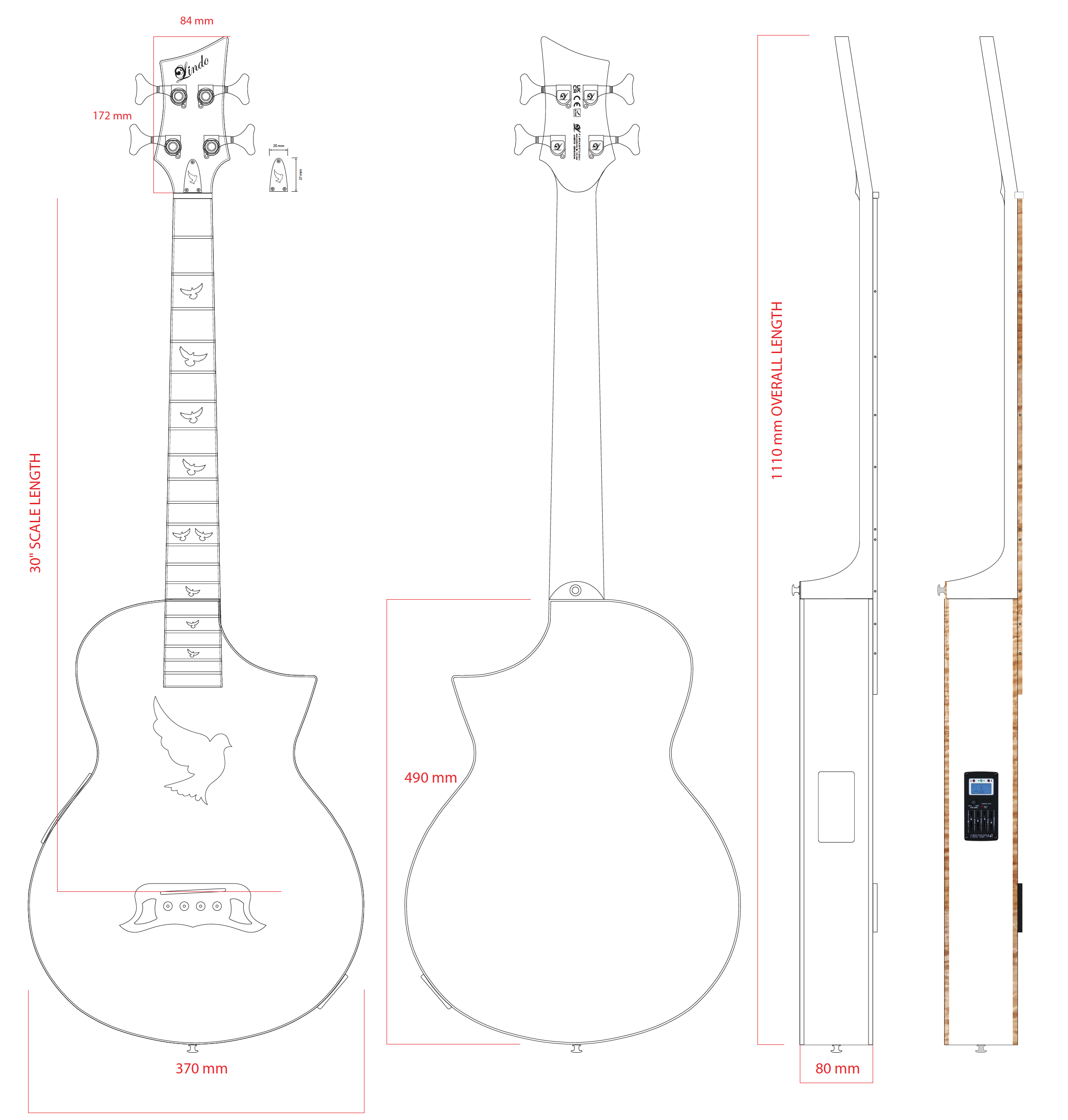Manufacturer dimension drawing of the four-string White Dove short scale electro acoustic bass: overall length 1110 mm, body length 490 mm, maximum width 370 mm, depth 80 mm, 30-inch scale and headstock 172 by 84 mm