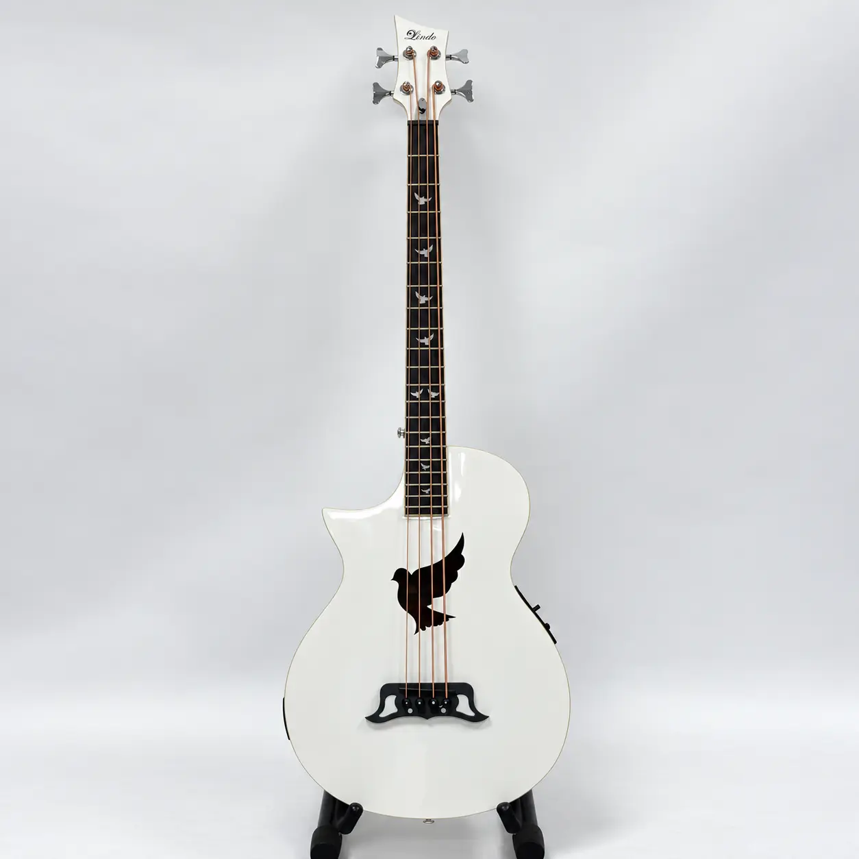 Lindo left-handed White Dove short scale electro acoustic bass guitar — full front view