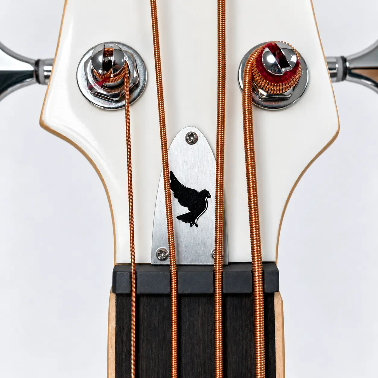 Lindo left-handed White Dove short scale electro acoustic bass guitar — nut and headstock plate detail