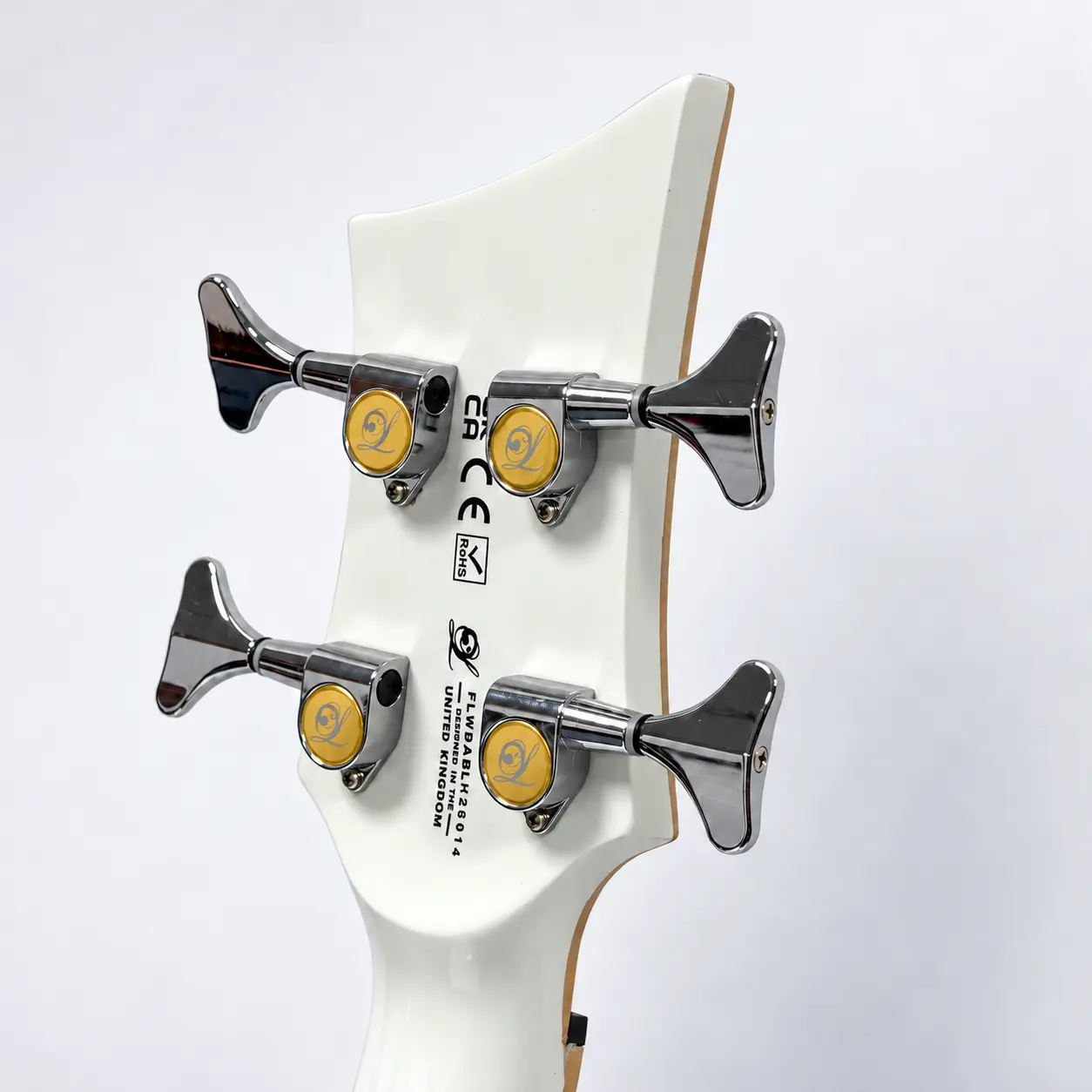 Lindo left-handed White Dove short scale electro acoustic bass guitar — rear headstock - alternate angle