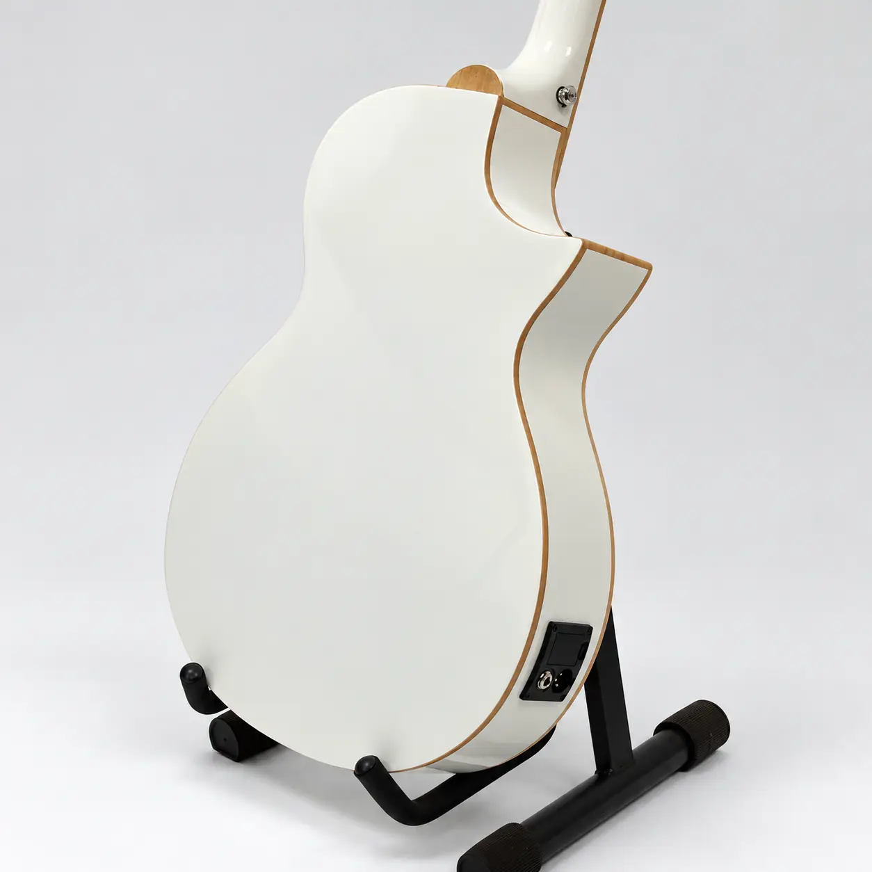 Lindo left-handed White Dove short scale electro acoustic bass guitar — back body - output side