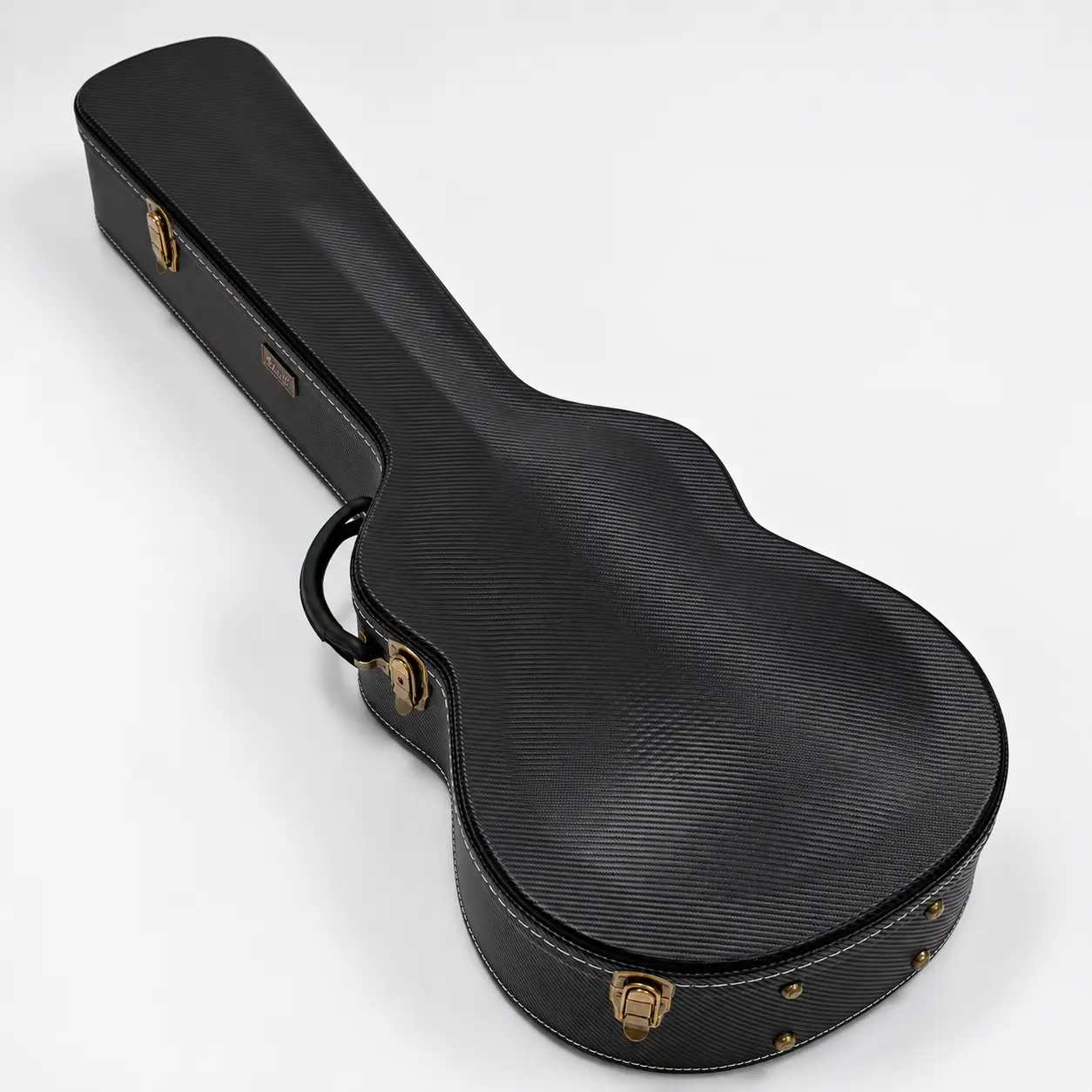 Lindo left-handed White Dove short scale electro acoustic bass guitar — closed case - top angled view