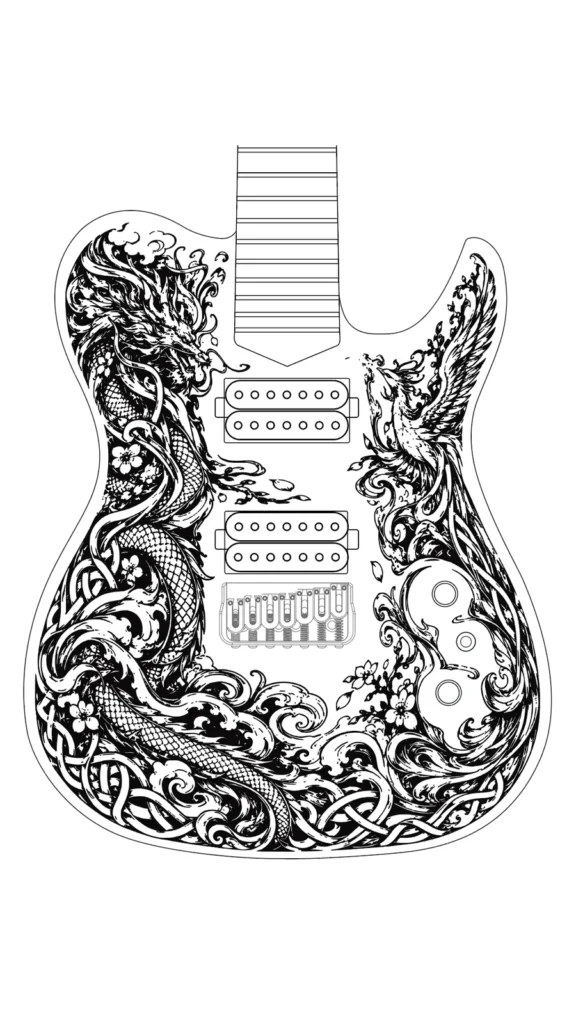 Centred 9:16 view of a Lindo electric guitar concept with dragon and phoenix engraving