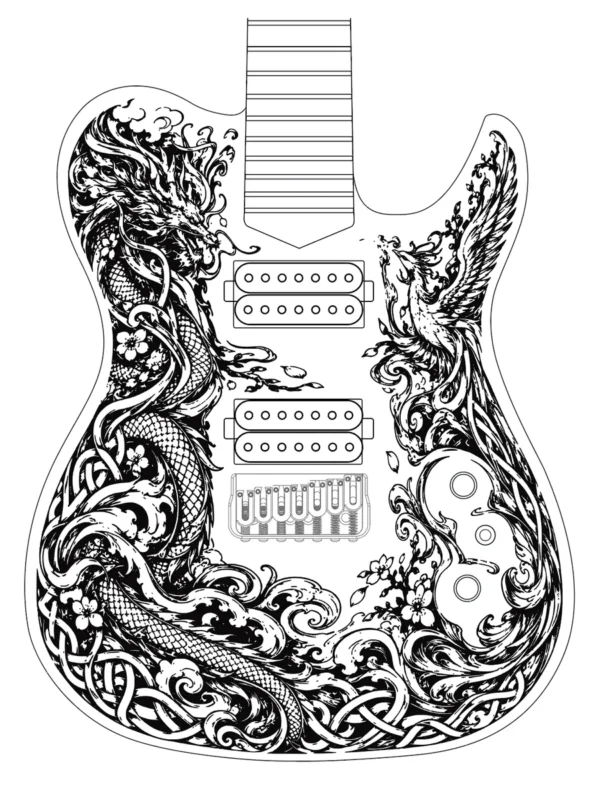 Centred 9:16 view of a Lindo electric guitar concept with dragon and phoenix engraving