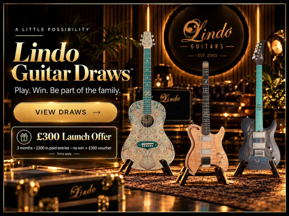 Lindo Guitar Draws artwork with three guitars and a launch offer; see the Draws site for current eligibility and terms