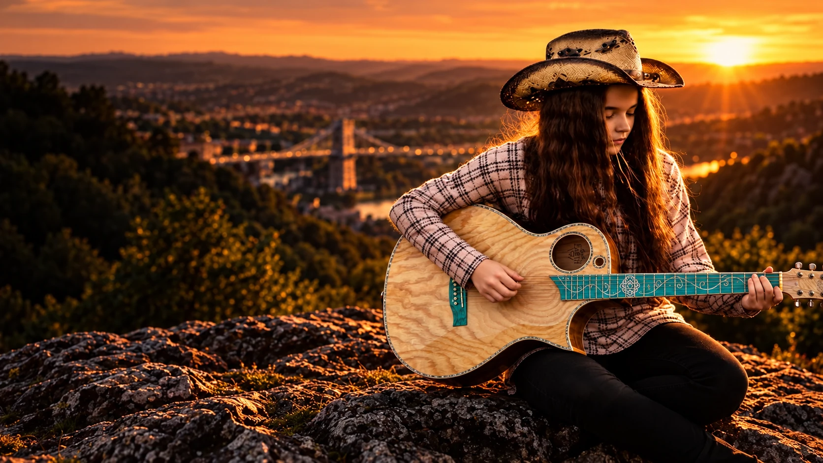 A player with a Lindo Earth electro-acoustic guitar overlooking Bristol at sunset.