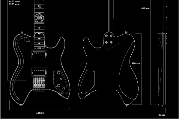 A technical drawing of a Lindo electric guitar showing its body, fingerboard inlays and dimensions.